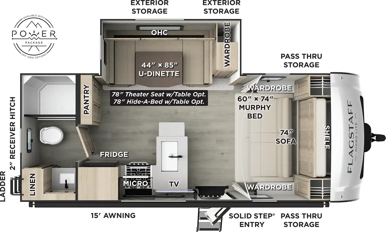The Flagstaff Micro Lite 22SQS floorplan has one entry and one slide out. Exterior features include: fiberglass exterior and 15' awning. Interiors features include: u-dinette, murphy bed and rear bathroom.